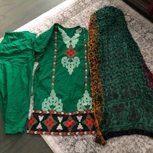 Green Embroidered Traditional Outfit Pakistani Indian shalwar kameez desi wear